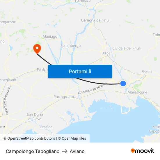 Campolongo Tapogliano to Aviano map