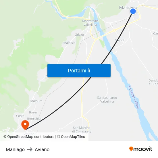 Maniago to Aviano map