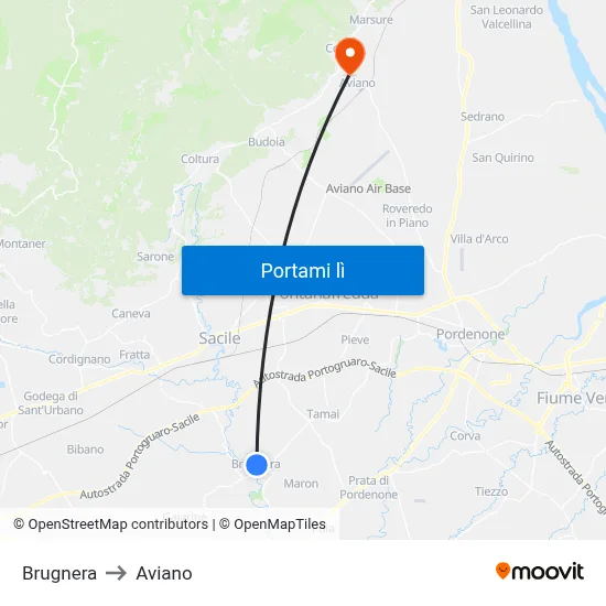 Brugnera to Aviano map