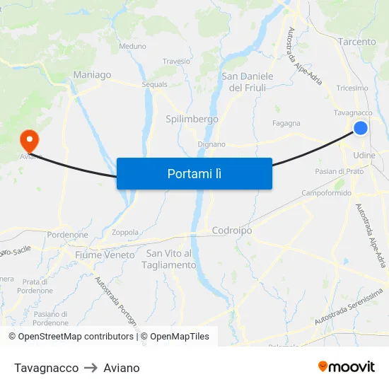 Tavagnacco to Aviano map