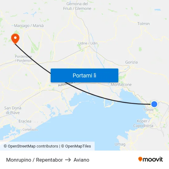 Monrupino / Repentabor to Aviano map