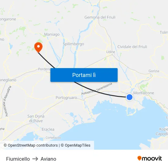 Fiumicello to Aviano map