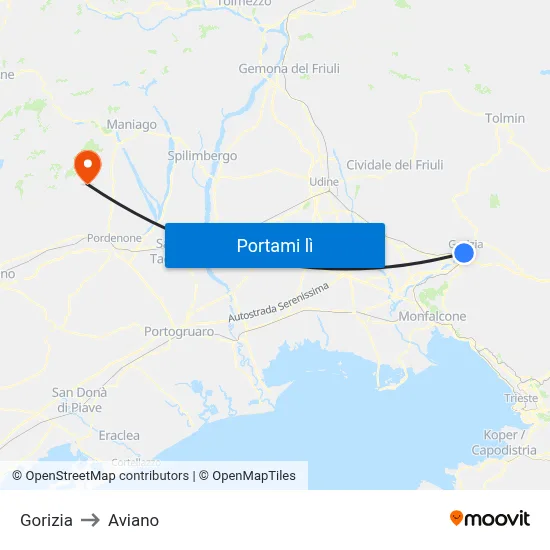 Gorizia to Aviano map