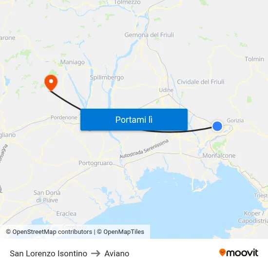 San Lorenzo Isontino to Aviano map