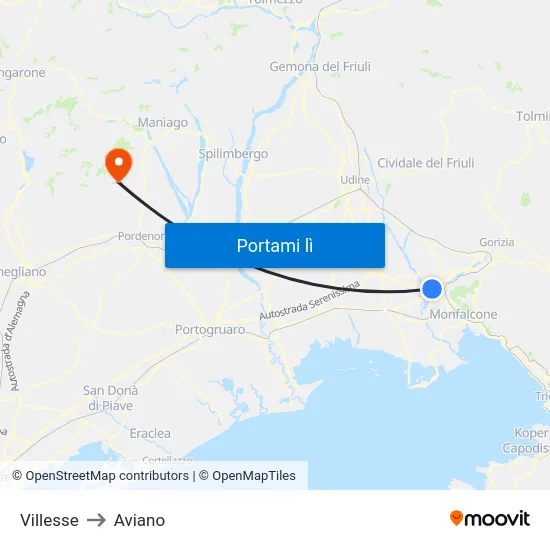 Villesse to Aviano map