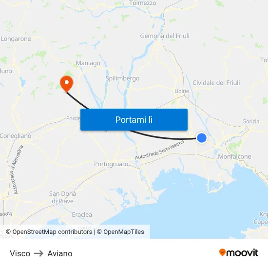 Visco to Aviano map