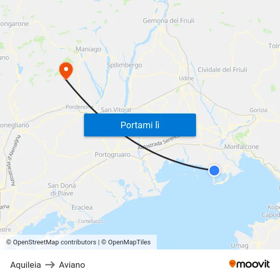 Aquileia to Aviano map