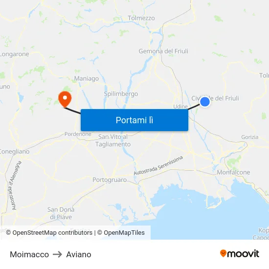 Moimacco to Aviano map