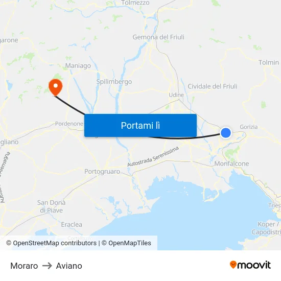 Moraro to Aviano map