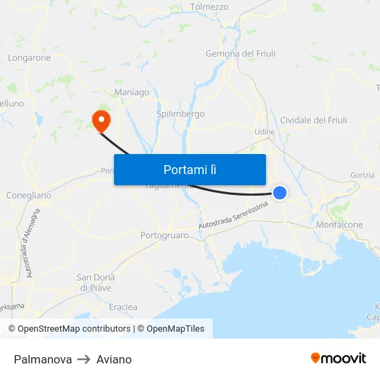 Palmanova to Aviano map