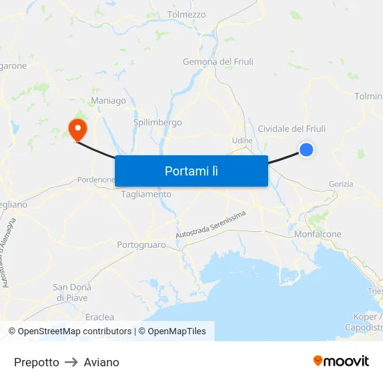 Prepotto to Aviano map