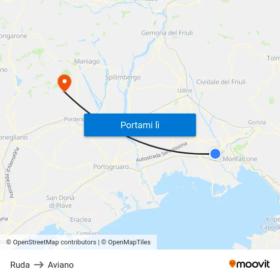 Ruda to Aviano map