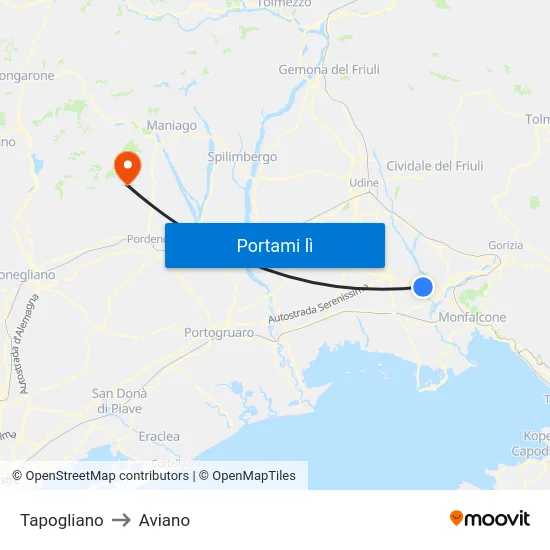 Tapogliano to Aviano map