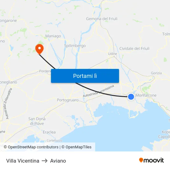 Villa Vicentina to Aviano map
