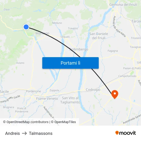 Andreis to Talmassons map