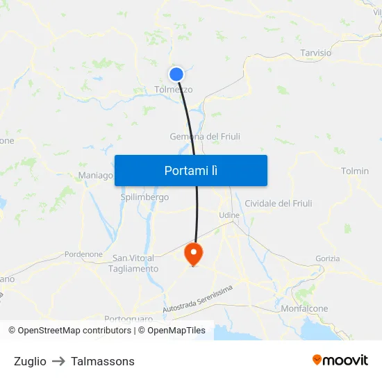 Zuglio to Talmassons map