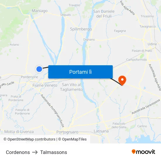 Cordenons to Talmassons map