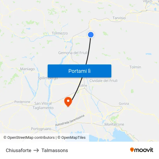 Chiusaforte to Talmassons map