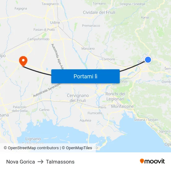 Nova Gorica to Talmassons map