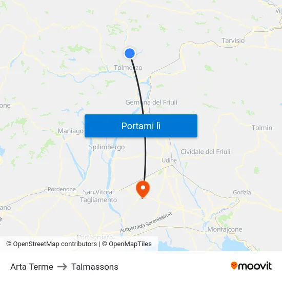 Arta Terme to Talmassons map