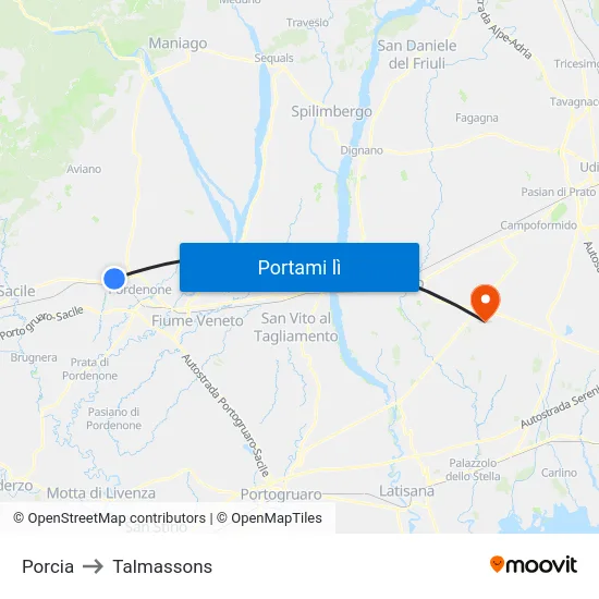 Porcia to Talmassons map