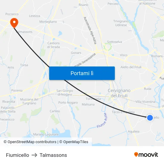 Fiumicello to Talmassons map