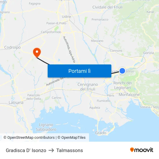 Gradisca D' Isonzo to Talmassons map