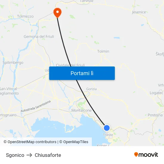 Sgonico to Chiusaforte map