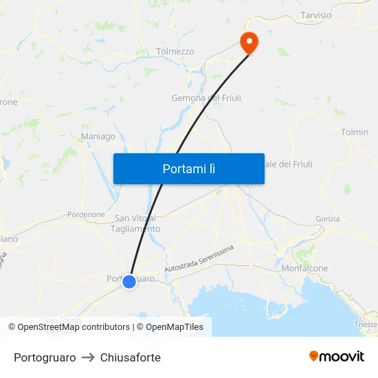 Portogruaro to Chiusaforte map