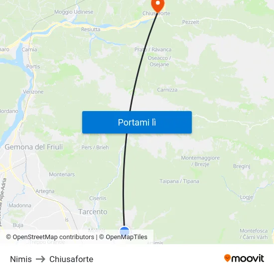 Nimis to Chiusaforte map