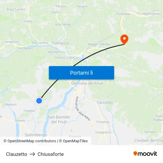 Clauzetto to Chiusaforte map