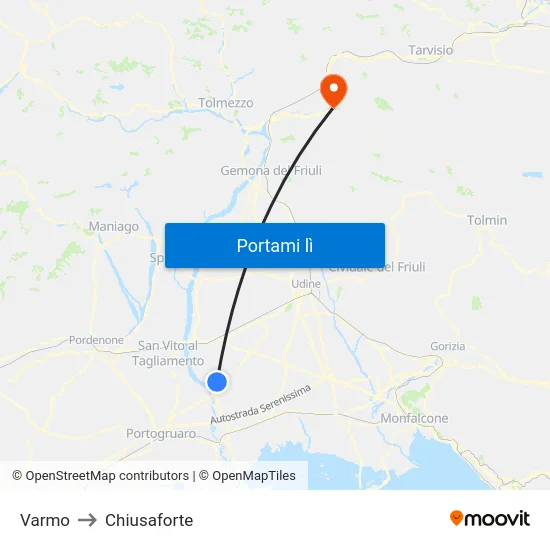 Varmo to Chiusaforte map