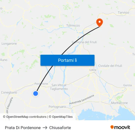 Prata Di Pordenone to Chiusaforte map