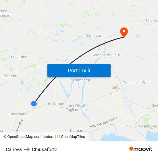 Caneva to Chiusaforte map