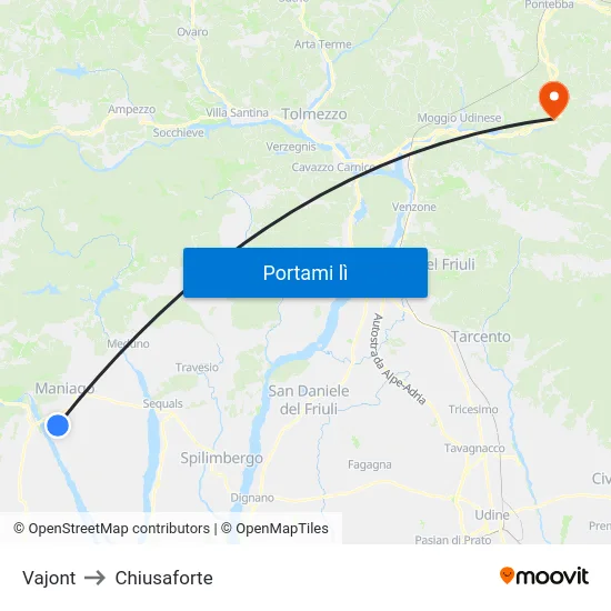 Vajont to Chiusaforte map