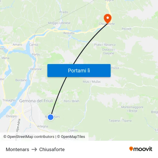 Montenars to Chiusaforte map