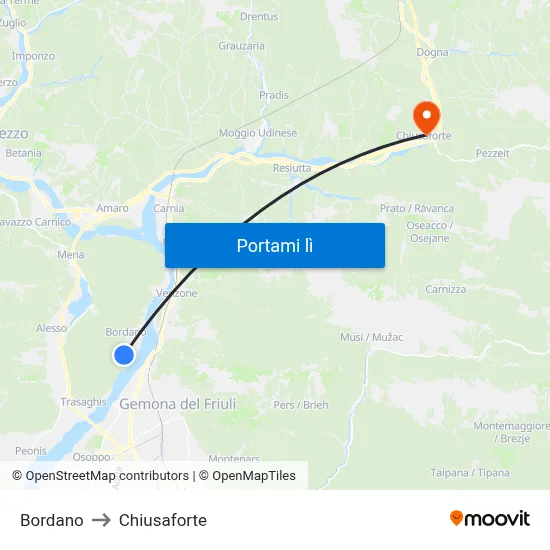 Bordano to Chiusaforte map