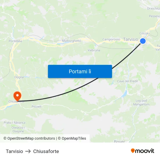 Tarvisio to Chiusaforte map