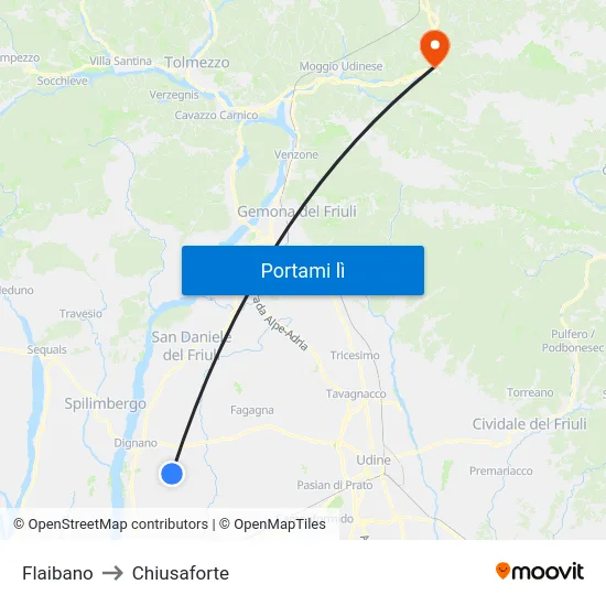 Flaibano to Chiusaforte map