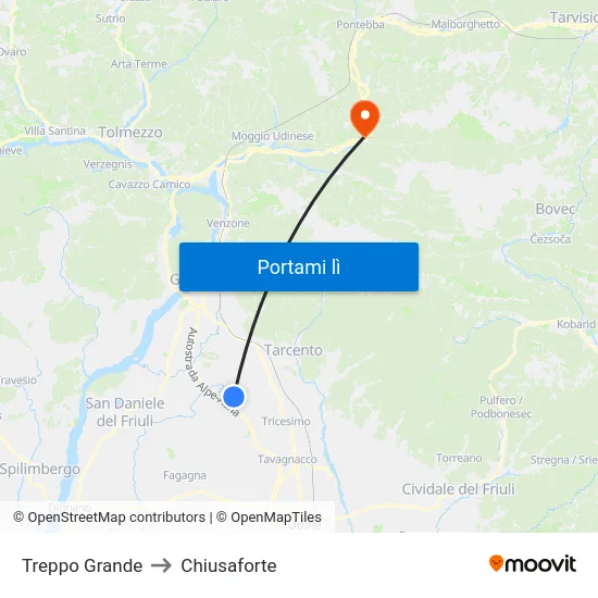 Treppo Grande to Chiusaforte map