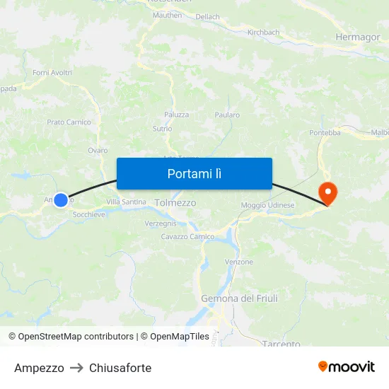 Ampezzo to Chiusaforte map