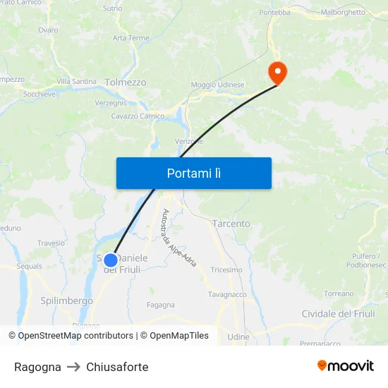 Ragogna to Chiusaforte map
