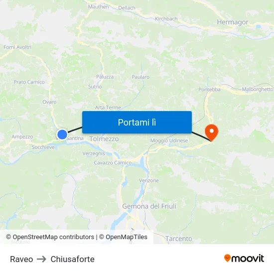 Raveo to Chiusaforte map