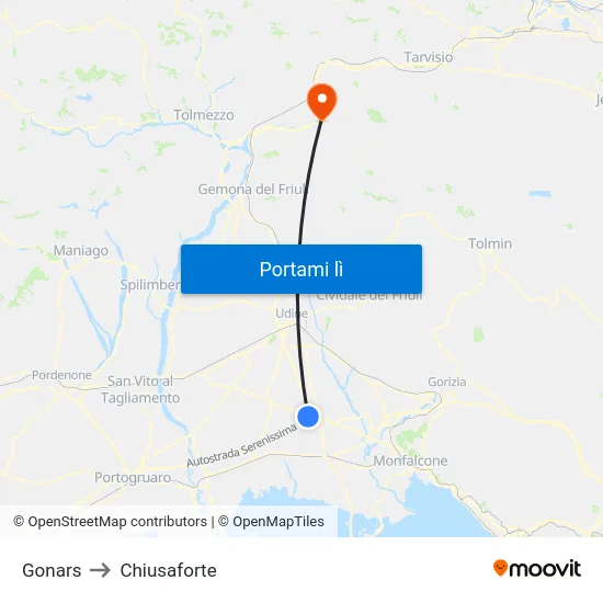 Gonars to Chiusaforte map