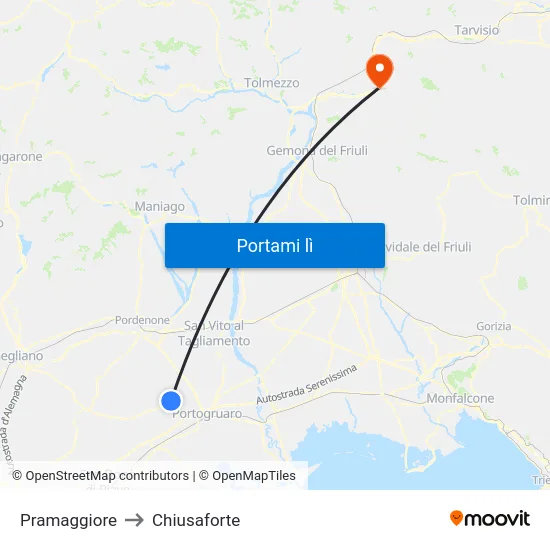 Pramaggiore to Chiusaforte map