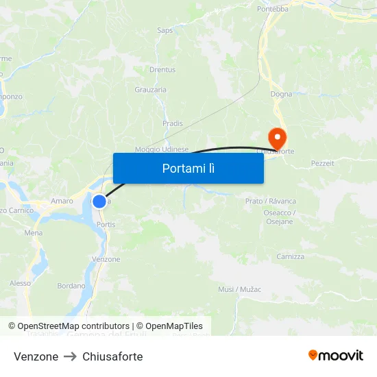 Venzone to Chiusaforte map