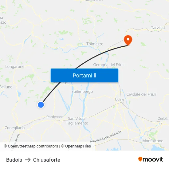 Budoia to Chiusaforte map