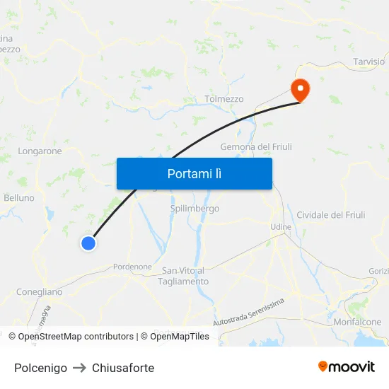 Polcenigo to Chiusaforte map