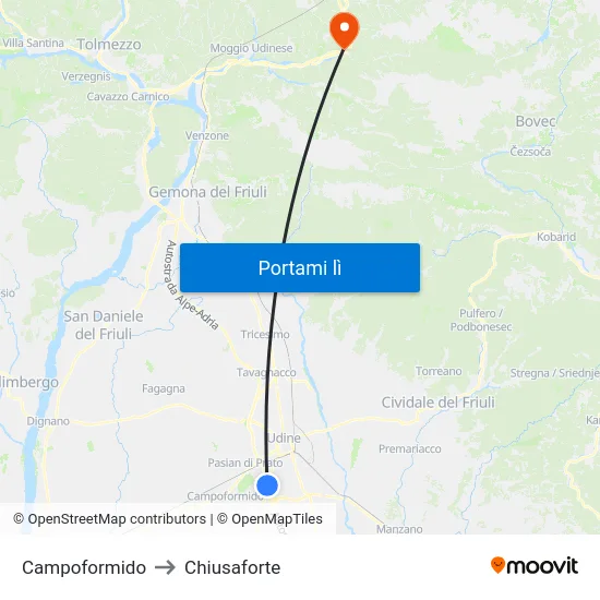 Campoformido to Chiusaforte map