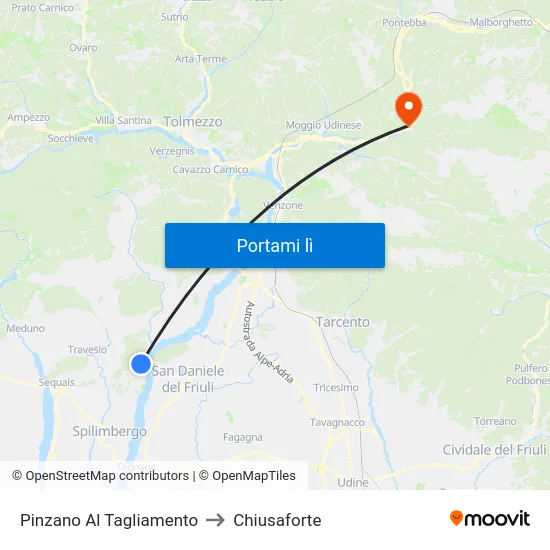 Pinzano Al Tagliamento to Chiusaforte map